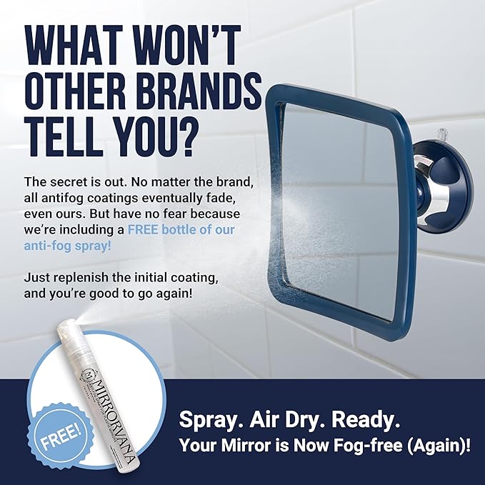 MIRRORVANA Fogless Shower Mirror for Shaving with Upgraded Suction, Anti Fog Shatterproof Surface and 360° Swivel, 6.3" x 6.3" (Blue)