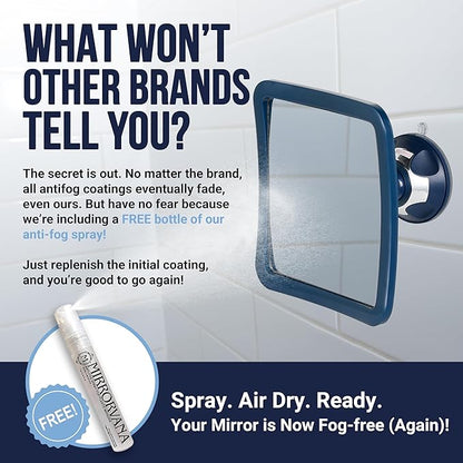 MIRRORVANA Fogless Shower Mirror for Shaving with Upgraded Suction, Anti Fog Shatterproof Surface and 360° Swivel, 6.3" x 6.3" (Blue)