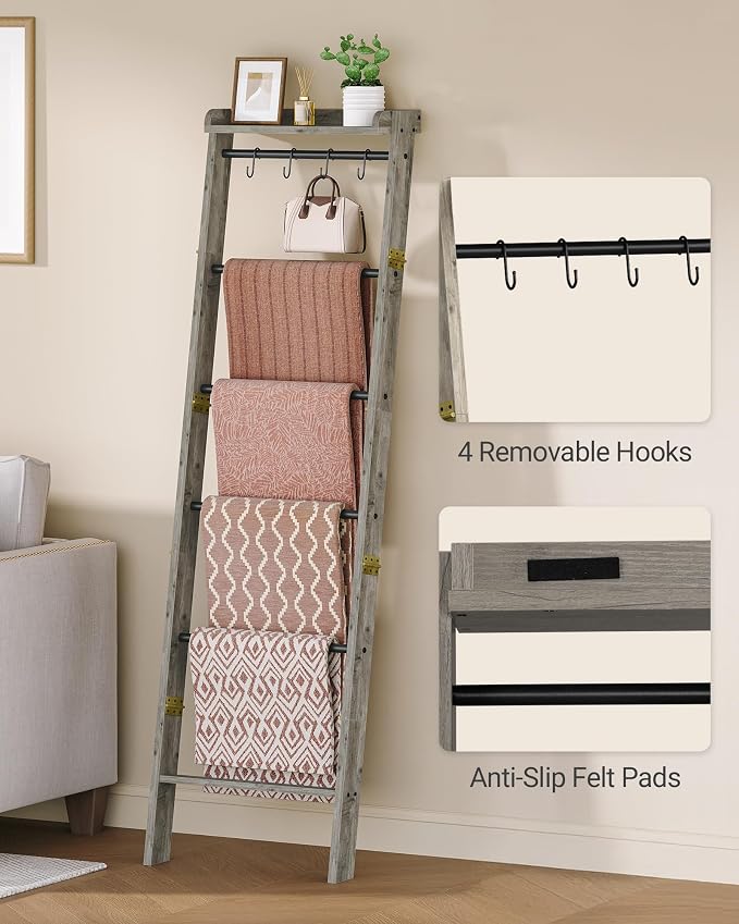 Hzuaneri Blanket Ladder Shelf, Decorative Quilt Rack, 7-Tier Farmhouse Ladder Holder Organizer with 4 Removable Hooks 7.9" D x 17.3" W x 66.9" H, Greige BR36805B