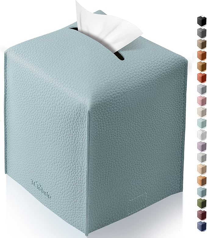 Tclouda Tissue Box Cover for PU Leather, Modern Simple Solid Color Holder Square Tissue Bag, Ideal for Bathrooms,Office,Car,Nightstand,Outdoor Tent,Dining Table,5"X5"X5", Single Blue