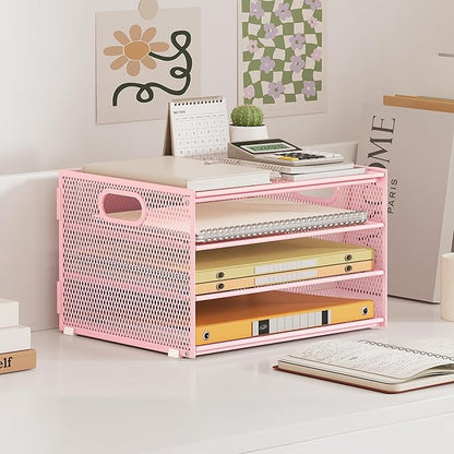 Subekyu Paper Letter Tray Organizer for Desk, Pink Metal Mesh Desk File Sorter Organizer with Handle and 2 Sliding Trays for Home Office School Supplies Organization