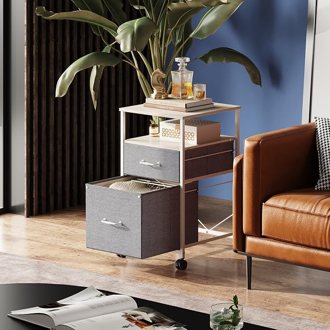 DEVAISE 2 Drawer Mobile File Cabinet, Rolling Printer Stand with Open Storage Shelf, Fabric Vertical Filing Cabinet fits A4 or Letter Size for Home Office, Light Grey