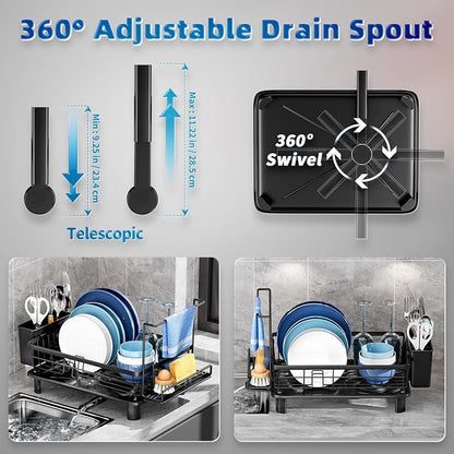 Dish Drying Rack, Stainless Steel-Dish Rack, Dish Racks for Kitchen Counter, Kitchen Dish Drainers with Removable Utensil Holder,New drain outlet,Plate Rack and Drainboard,(Black2 with Sponge Rack )