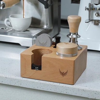 58mm Espresso Tamping Station Compact Portafilter Stand and Coffee Accessories Organizer for Espresso Machines with Tamper Holder, Distributor Slot, and Multi-Accessory Storage