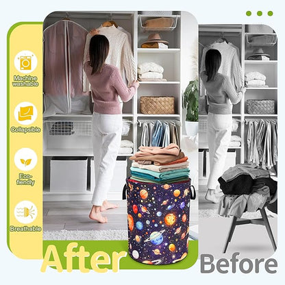 Planet Laundry Basket Funny Space Galaxy Foldable Waterproof Oxford Cloth Tote Bag Laundry Hamper Round Large Clothes Storage Bucket Toy Organizer For Bathroom/Laundry Storage/Bedroom 18.9x16.5 Inch