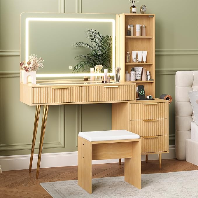 Vanity Desk with Mirror and Lights, 48" Makeup Vanity Table with 4 Drawers, 3-Shelves, Charging Station, Glass Top, 3 Color Modes & Adjustable Brightness, Modern Dressing Table Set for Bedroom - Oak
