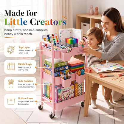 3 Tier Rolling Cart Metal with Lockable Wheels, Pink Three Tiered Diaper Caddy Cart Organizer on Wheels, Storage Utility Trolley Carts for Craft, Art, Nail, Lash, Baby Supplies, Cleaning, Mesh