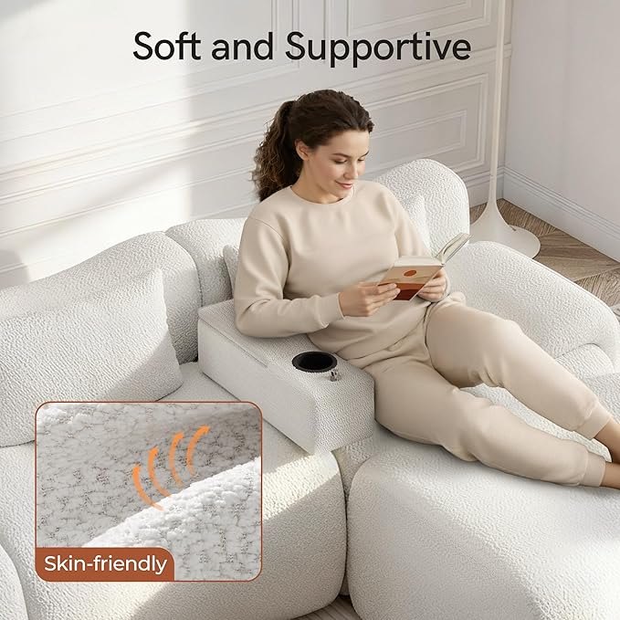 Couch Caddy with Cup Holder Multifunctional Couch Armrest Charging Console Phone Holder Sofa Arm Rest 20.3'' Removable White Chenille Sofa Organizer Remote Snack Storage for Livingroom Couches