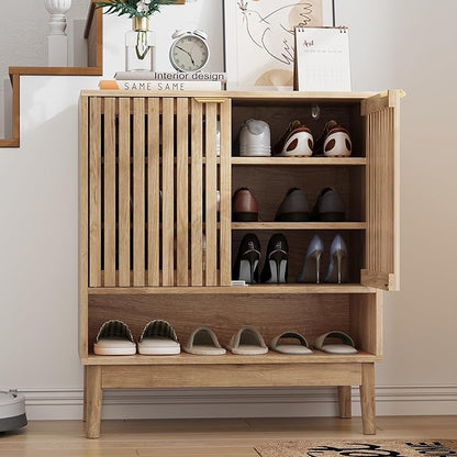 Shoe Cabinet with Slatted Doors, Freestanding Shoe Cabinet Storage for Entryway, 4-Tier Entryway Shoe Organizer Cabinets with Shelves (Oak, 27.6" Wide)