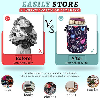Hand Drawn Love Hearts Pattern Laundry Hamper With Handles Foldable Oxford Cloth Tote Bag Colorful Laundry Basket Clothes Toy Storage Bucket 18.9" x 16.5" For Bathroom/Laundry/Bedroom