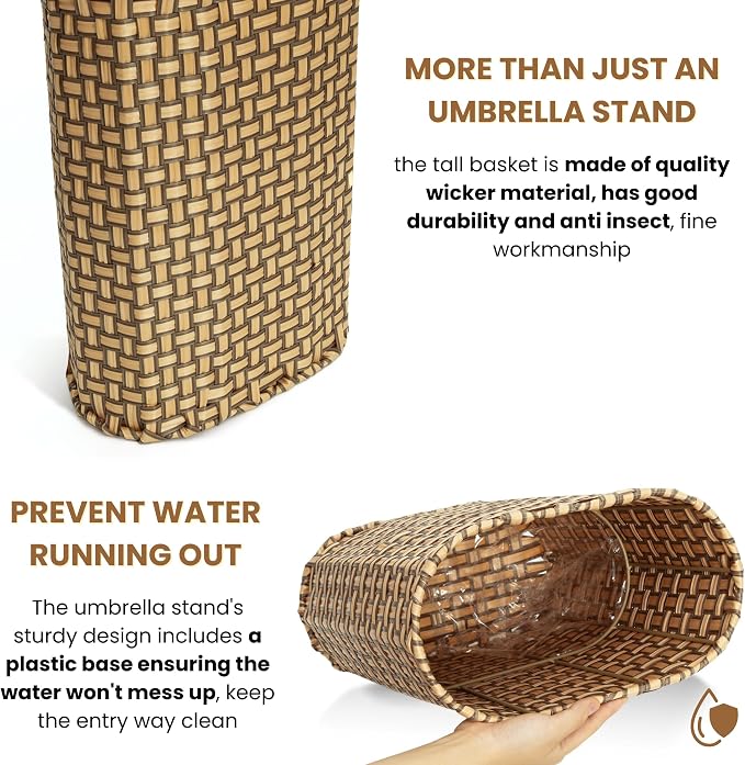 HAMOTOPI Umbrella Holder Entryway Umbrella Stand Indoor Entryway 6.7x17.3 Wicker Umbrella Bucket Basket Narrow Tall Umbrella Storage Bin Woven Faux Rattan Cane Holder Stands (Brown & Natural)