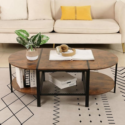 SENIG Oval Coffee Table with Rustic Wood Finish, 2-Tier Storage Shelf and Metal Frame, Living Room Center Table Modern, Vintage Brown