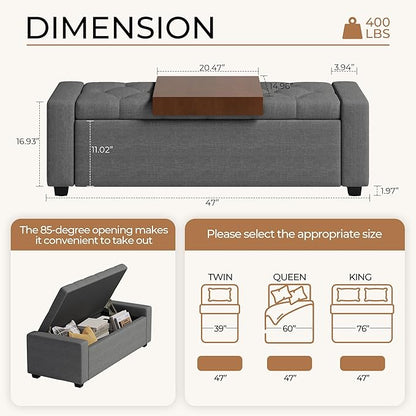 Storage Ottoman Bench with Tray,Large Entryway Ottoman with Storage, Rectangular Bench with Cushion and Safety Hinge for Living Room Bedroom