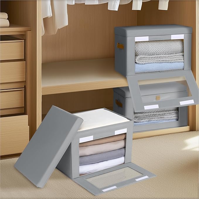 Homsorout Medium Fabric Storage bins - Collapsible Storage Bins with Open Window, 2 Pack Closet Baskets for Shelves, Stackable Decorative Boxes for Home, Dorm, Grey, 13.7"x 9.8" x 9.8"