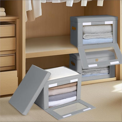 Homsorout Medium Fabric Storage bins - Collapsible Storage Bins with Open Window, 4 Pack Closet Baskets for Shelves, Stackable Decorative Boxes for Home, Dorm, Grey, 13.7"x 9.8" x 9.8"
