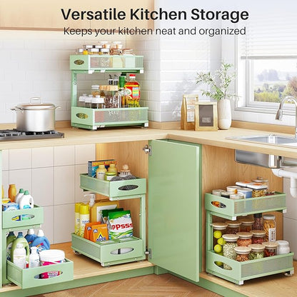 2 Pack Under Sink Organizer, 2 Tier Pull out Cabinet Organizer Mesh Baskets with 5 Adjustable Heights, Sliding Drawers Storage Shelf for Home, Kitchen, Bathroom, Pantry, Office, Countertop ,Green