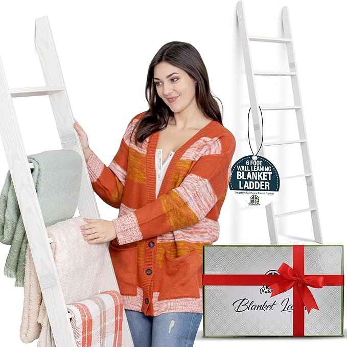 Blanket Ladder for Living Room and Bedroom, 5ft 8 inch, 6-Tier Wall Leaning Laminate Snag Free Construction (White) Rustic Decorative Farmhouse Blanket Storage, Quilt Rack, Ladder Shelf, Easy Assembly