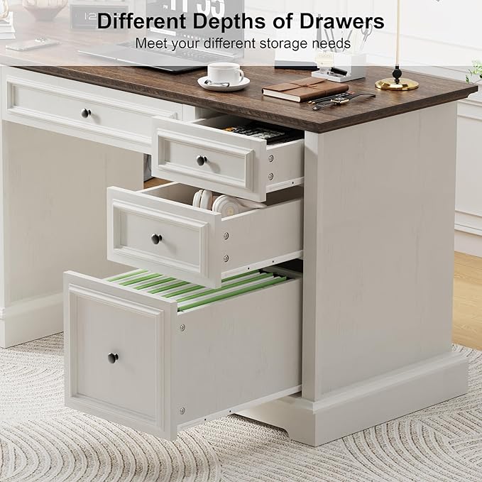 Vipbear 60" Farmhouse Executive Desk with Drawers and Cabinet, Embossed Texture Wood Home Office Desk, Rustic Computer Writing Desk, Workspace for Work Study Writing, White
