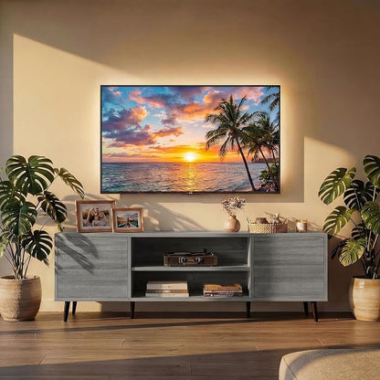 JUMMICO Mid-Century Modern TV Stand for 55-65 Inch TVs, 58 Inch Media Console with Storage, Entertainment Center with Push-Open Cabinets and Cable Management for Living Room (Grey, 58 Inches)