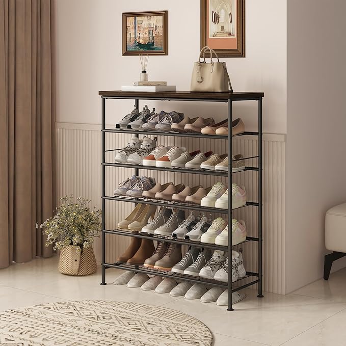 SUOERNUO Shoe Rack Organizer 6 Tier for Closet Entryway Free Standing Metal Storage Shoe Shelf with MDF Top Board，Black