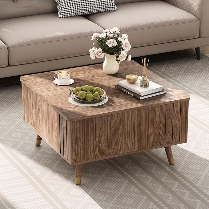 SULIVES Lift Top Coffee Table with Storage,Square Coffee Table with Lifting Top,Modern Center Table with Solid Wood Legs,Small Coffee Tables for Living Room,Walnut