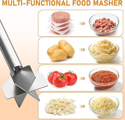 Meat Masher, Stainless Steel Ground Beef Masher 10.8Inch Potato Chopper with Handle, 6 Blade Masher Shredder for Kitchen Cooking Hamburger Vegetable Puree