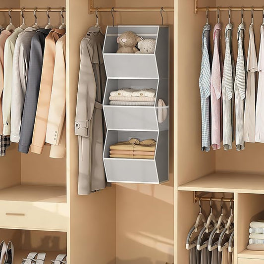 Hanging Closet Organizer 3 Shelf Collapsible Bedroom Closet Organizers and Storage Hanging with Mesh Pockets for Clothes, Fabric Hanging Storage Bins for Wardrobe Closet Organization and Storage, Grey