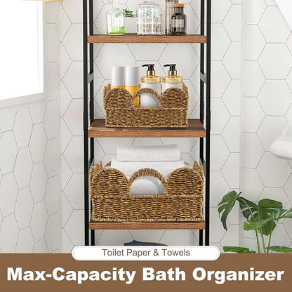 Scalloped Resin Wicker Basket: Set of 2 Water- Resistant Bath Organizers for Towel - Boho & Farmhouse Aesthetics