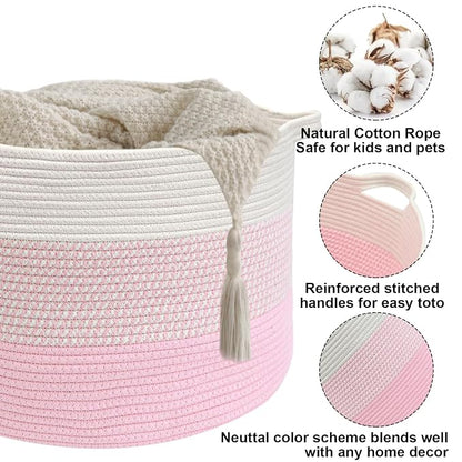 90L Extra Large Blanket Basket,Woven Rope Laundry Basket Hamper with Handles, Decorative Nursery Basket Storage Bin for Toys, Clothes Organizer, Living Room, Bedroom, Bathroom, Pink