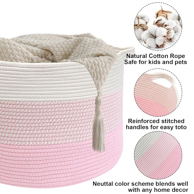 115L Extra Large Blanket Basket,Woven Rope Laundry Basket Hamper with Handles, Decorative Nursery Basket Storage Bin for Toys, Clothes Organizer, Living Room, Bedroom, Bathroom, Pink
