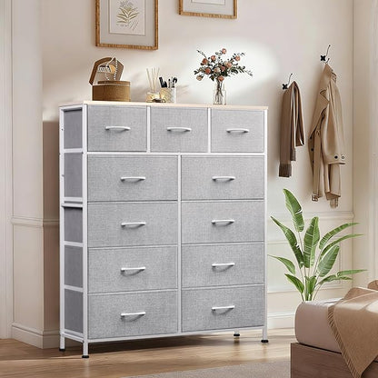Tall Console Table with 11 Fabric Drawers, Entryway Table with Storage, Tall Storage Organizer with Wood Top, Steel Frame for Living Room, Hallway, Office, Light Grey