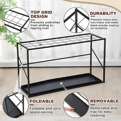 Colingmill Folding Umbrella Storage Stand Rack Holder Organizer Free Standing Umbrella Rack with Removable Drip Tray for Entryway Home Office Hotel Entry Hallway (L35.51 X W11.89 X H19.69 Inch)