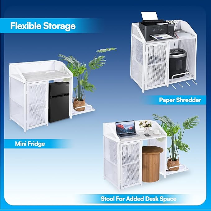 Printer Stand with Shelving for Storage, USB-C, USB-A, & AC Plugs – Space-Saving Open Storage Compartment with Removeable Tray for Paper Shredder/Mini Fridge/Stool for Home or Office