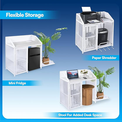 Printer Stand with Shelving for Storage, USB-C, USB-A, & AC Plugs – Space-Saving Open Storage Compartment with Removeable Tray for Paper Shredder/Mini Fridge/Stool for Home or Office
