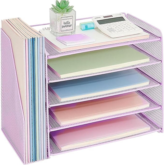 OPNICE Desk Organizer, 5-Tier Paper Organizer Letter Tray with Magazine Holder, Office Desk Accessories & Workspace Organizers, Desktop File Organizer for Office Supplies Storage, Purple