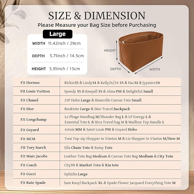 Purse Organizer Insert, Satin Tote Bag Organizer with 8 Sizes, Handbag Dividers for Inside Purse, Compatible with Longchamp, Neverful, 25C Hobo and More Bags（Large,Brown）