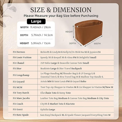 Purse Organizer Insert, Satin Tote Bag Organizer with 8 Sizes, Handbag Dividers for Inside Purse, Compatible with Longchamp, Neverful, 25C Hobo and More Bags（Large,Brown）