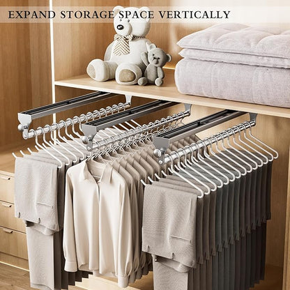 Pull Out Closet Rod, 13.7inch Heavy Duty Pants Rack, Adjustable Clothes Hanger Rail, Space Aluminum Valet Rod, Top Mounted Wardrobe Clothes Organizer, Closet Storage for Trousers Coats Gray