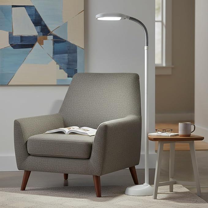 Bedford Home Floor Lamp - Full Spectrum Natural Sunlight Lamp with Bendable Neck - Reading, Craft, Studying, and Esthetician Light (Beige)
