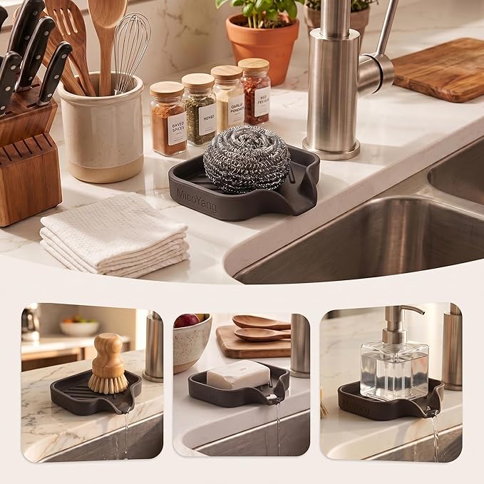 MicoYang Silicone Soap Dish with Drain Spout, Self-Draining Sink Organizer Tray for Bathroom and Kitchen, Sponges, Dispensers and Soap Holder, Non-Slip and Dishwasher Safe, Coffee (Compact, 4.9"×3.2")