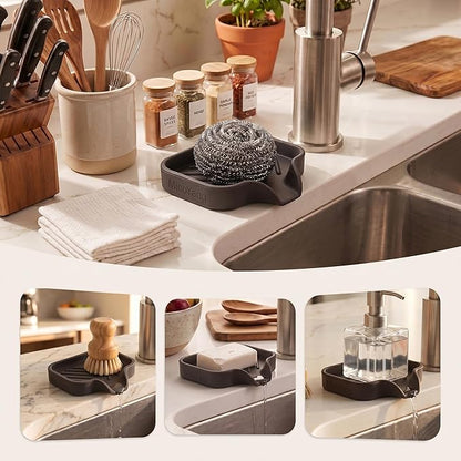 MicoYang Silicone Soap Dish with Drain Spout, Self-Draining Sink Organizer Tray for Bathroom and Kitchen, Sponges, Dispensers and Soap Holder, Non-Slip and Dishwasher Safe, Coffee (Compact, 4.9"×3.2")