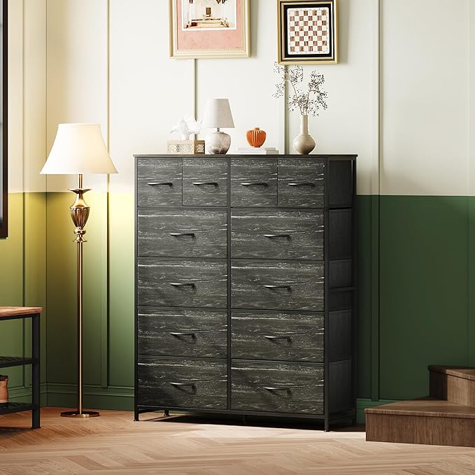 Tall Console Table with 12 Fabric Drawers, Tall Storage Organizer with Wood Top, Entryway Table with Storage, Steel Frame for Living Room, Hallway, Office, Charcoal Black Wood Grain Print