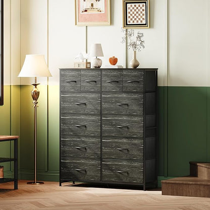Tall Console Table with 12 Fabric Drawers, Tall Storage Organizer with Wood Top, Entryway Table with Storage, Steel Frame for Living Room, Hallway, Office, Charcoal Black Wood Grain Print