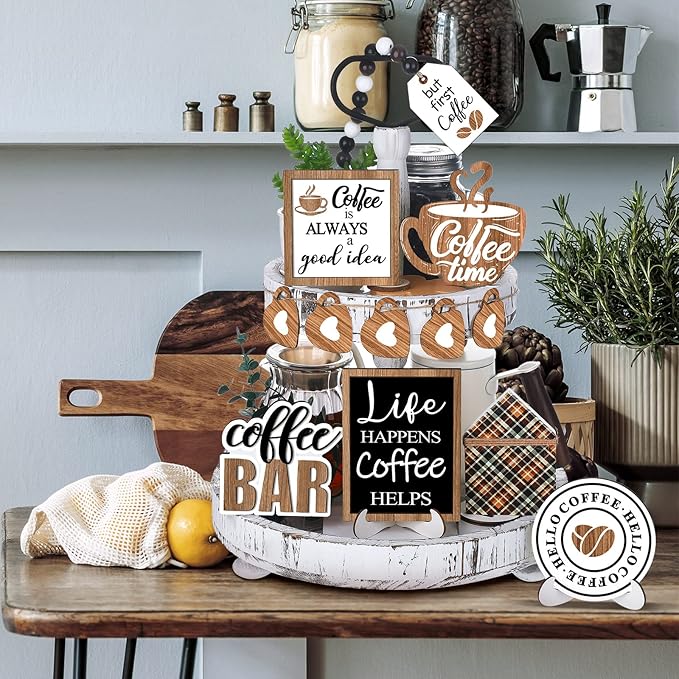 11 Pcs Coffee Tiered Tray Decor Coffee Time Rustic Farmhouse Tiered Tray Decorations Set Home Wooden Signs Vintage Farm Animal Farmhouse Tabletop Wood Signs for Kitchen Table Shelf Decor