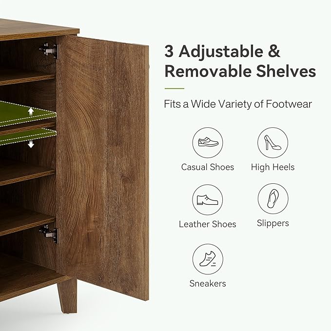 LITTLE TREE Shoe Cabinet with Doors, 5-Tier Shoe Cabinet for Entryway, Modern Farmhouse Entry Way Shoe Storage Cabinet with 3 Adjustable & Removable Shelves for Entrance, Living Room, Rustic Brown