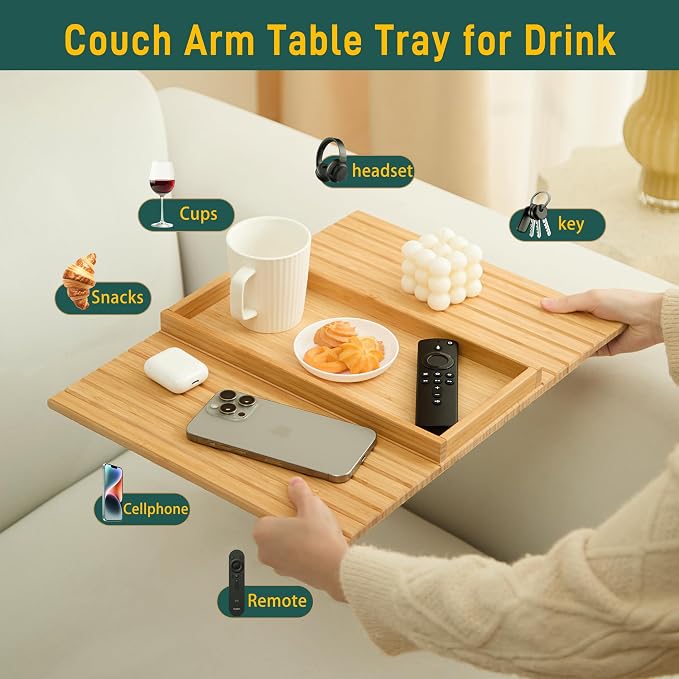Bamboo Couch Arm Tray Table，Foldable Sofa Armrest Tray Table for Couch，Flexible and Anti-Slip Couch Arm Cup Holder，Portable Sofa Arm Chair Table for Drink,Cups, Eats，Snacks, Phone, Remote