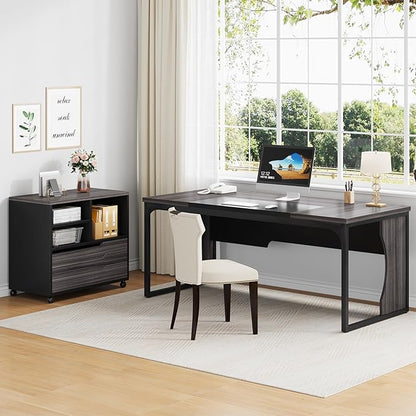 L Shaped Executive Computer Desk with Mobile File Cabinet and LED Light, 63 inch Large Office Table Business Furniture with Storage and Drawers for Home Office, Gray and Black