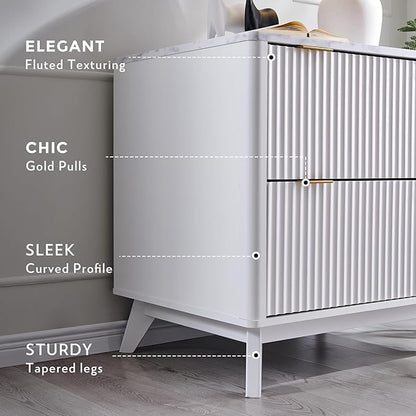 T4TREAM 2 Drawer File Cabinet, 32" Fluted Lateral File Cabinet w/Files Hanging Rod for Letter/Legal/A4, Large Tabletop for Printer, Office Wood Printer Cabinets, White (Gen 2)
