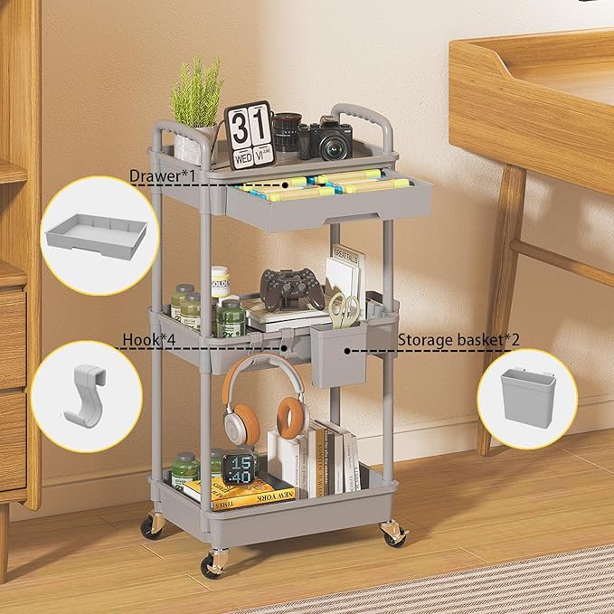 LLMRR 3 Tier Rolling Utility Cart with Drawer, Plastic Storage Organizer Rolling Carts with Wheels Handles Hanging Cups Hooks for Office, Bathroom, Kitchen,Craft Art Room (Grey)