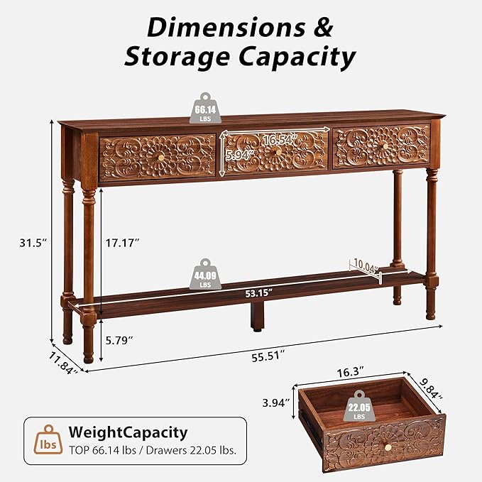 55.5" Carved Console Table with 3 Drawers, 2-Tier Sofa Table with Glossy Floral Surface and Solid Wood Legs, Mid-Century Modern Entryway Table for Living Room Hallway (Walnut)